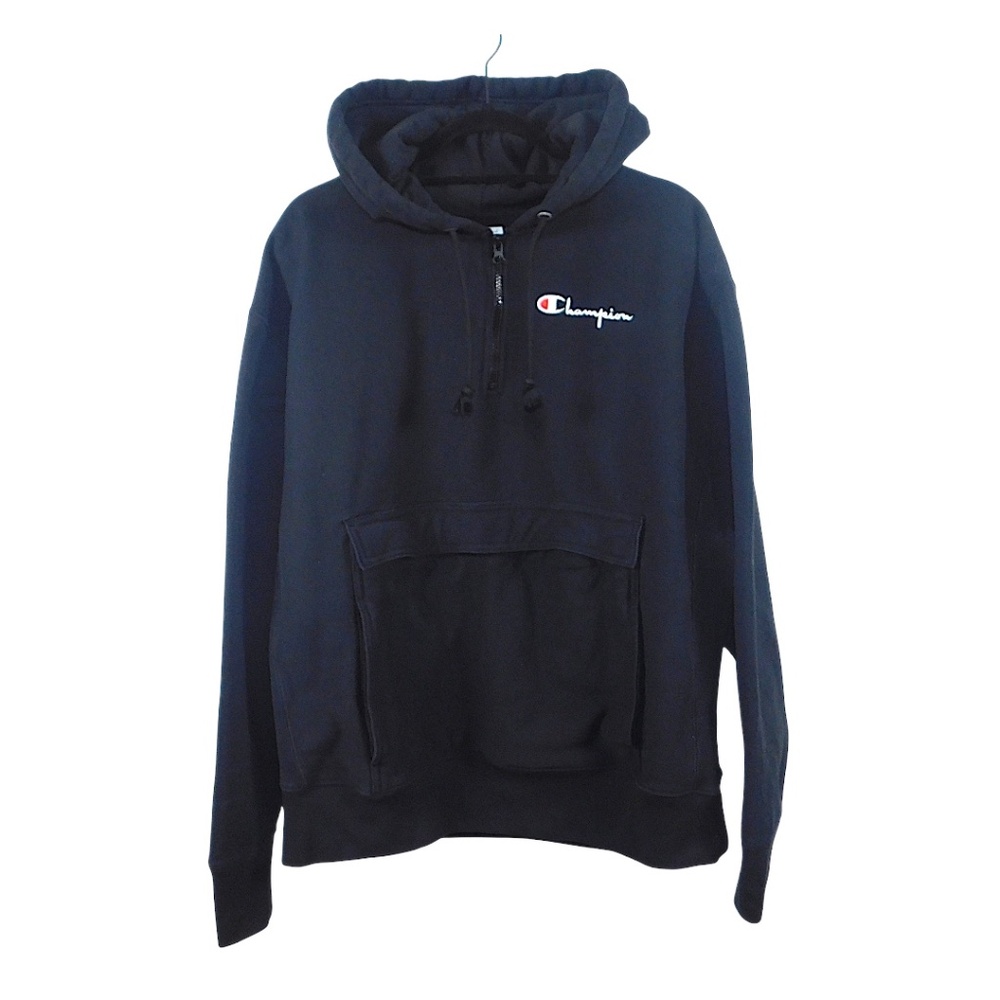 Champion Reverse Weave Half Zip Hoodie Sweatshirt XL‎ Black Embroidered Logo